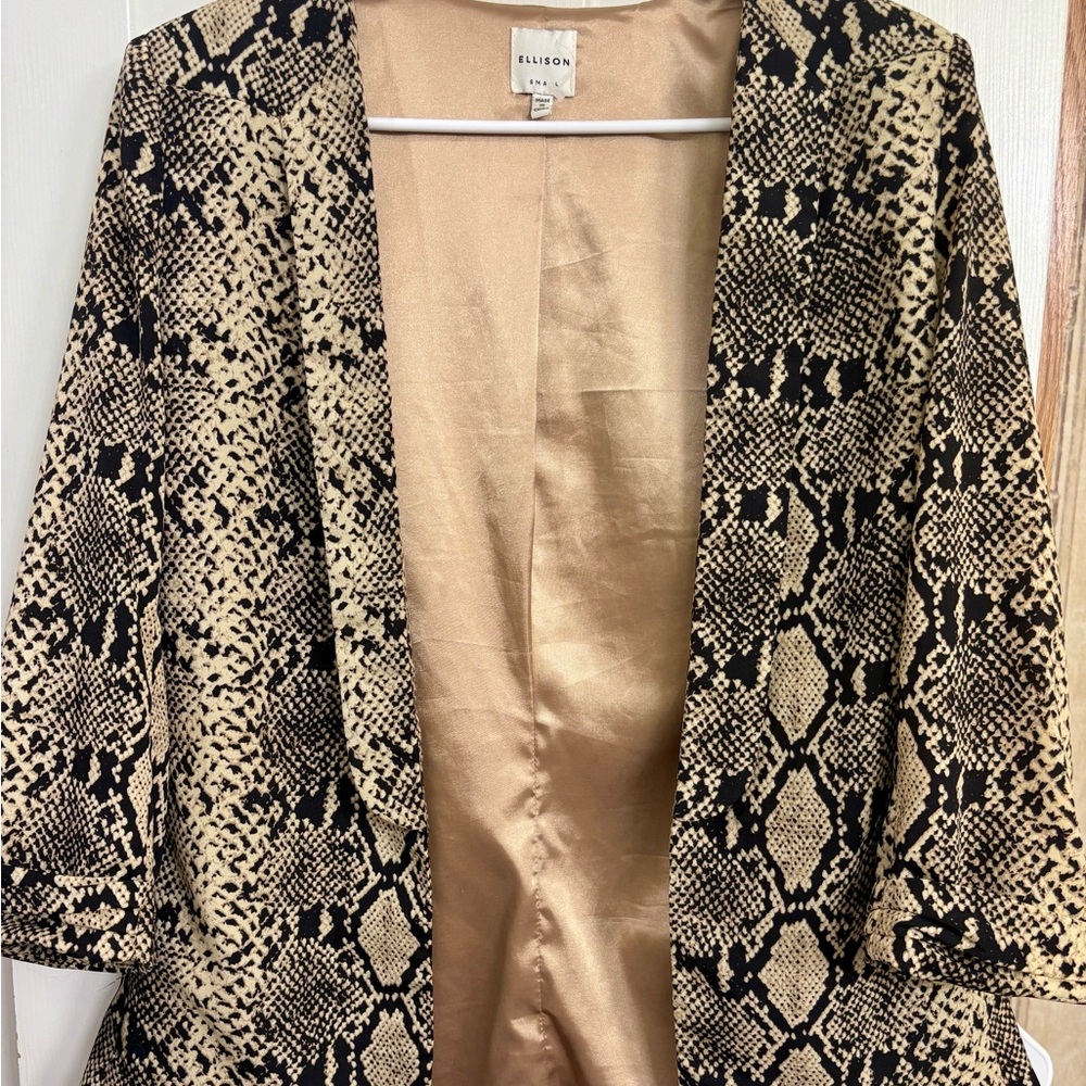 Ellison Snake Print Blazer Small – Animal Print Open Front Satin Lined Jacket